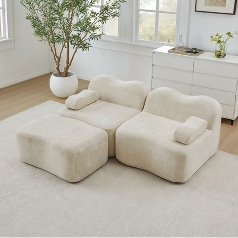 Canapé d’angle modulaire 2 places en velours beige avec ottoman, sans montage (1/5)