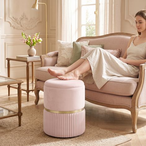 Pouf tabouret repose-pied coffre de rangement en velours côtelé 36 x 36 x 44 cm pour salon chambre rose (1/5)