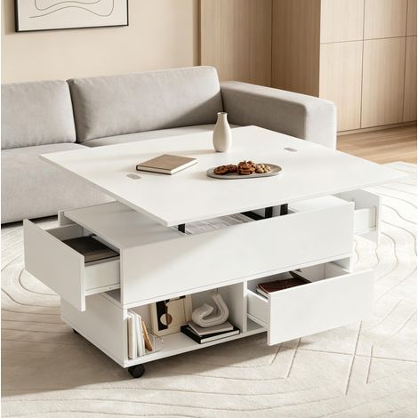 Table basse relevable 100x50x52 cm en panneaux de bois blanc, avec rangement pour salon FloraGrace (1/5)