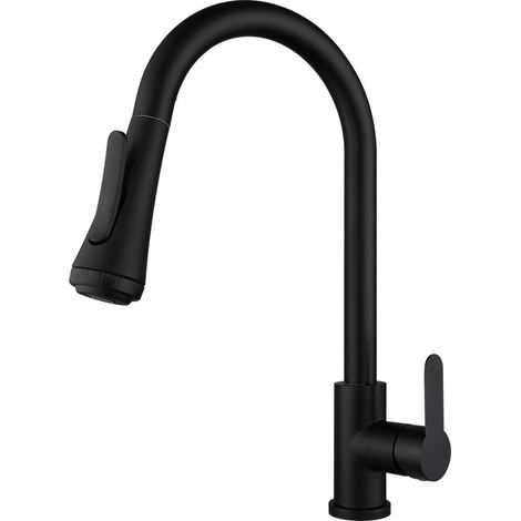 GROOFOO Robinet de Cuisine à Bec de Cigne Rétractable 4 Modes - Mitigeur Monocommande - Inox - Design Moderne - Avec Douchette Noir