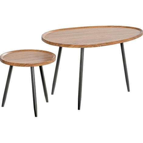 Lot de 2 tables basses gigognes, table d'appoint empilable, pieds en métal, pour salon, chambre, bureau, bois de noyer (1/5)