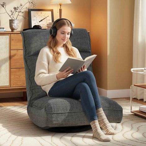 Fauteuil de sol pivotant à 360° et pliable, revêtu de tissu, avec dossier réglable en 5 positions, 58 x 107 x 79 cm, gris (1/5)