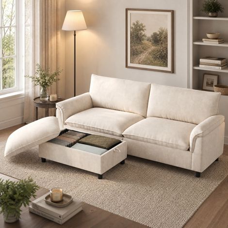 Divano modulare in ciniglia beige con pouf contenitore, 216 x 77 x 82 cm (1/5)