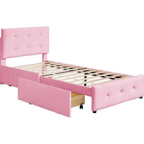 Lit rembourré velours rose 90x200 cm avec tête de lit, sommier à lattes et tiroir de rangement (1/5)