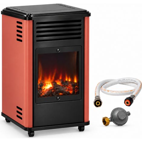 Poêle à gaz mobile 3,4KW Effet feu de bois - Chauffage gaz Rouge & Noir + Tuyau gaz + Détendeur butane Manhattan Sahara