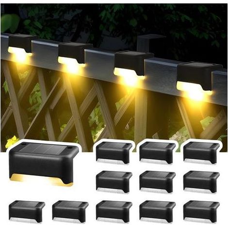 Lot de 12 lampes solaires pour extérieur, escaliers, lumières LED étanches pour escaliers extérieurs, marches, clôture, cour, terrasse, gouttière, allée, décoration (noir, blanc chaud) [Classe énergét (1/5)