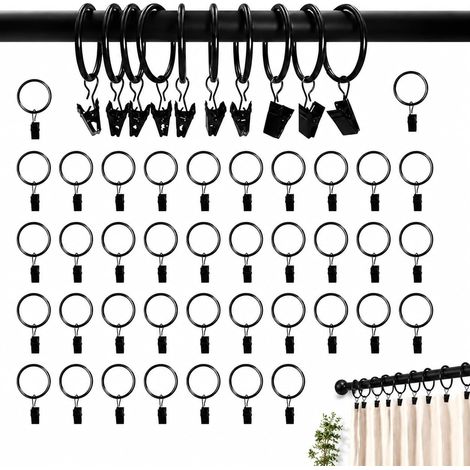 Lot de 40 Anneaux de Rideau avec Clips 32 mm Métal Noir pour Tringle Jusqu’à 28 mm, Crochets Rideaux Résistants Antirouille pour Fenêtre Salle de Bain Chambre Salon Rideau de Douche (1/5)