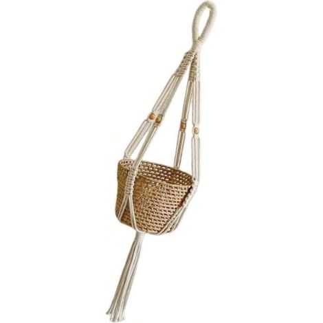 Filet en macramé à pompons corde tressée pour suspendre plantes, pots de fleurs et objets décoration (1/5)