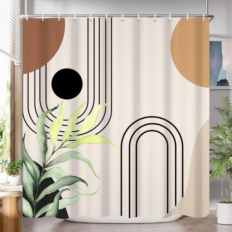 Rideau de Douche, 180x240cm, Abstrait Moderne Beige Kaki Marron du Milieu du Siècle avec Feuille Minimaliste Tissu Pmperméable Machine Lavable Rideau de Salle de Bain avec Crochets (1/5)