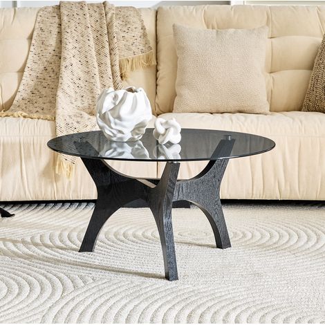 Runder Couchtisch 80 cm aus Glas mit schwarzer MDF-Struktur HAVRYA (1/5)