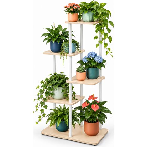 Relaxdays Plant Stand, 5 Square Tiers, HWD 107 x 58 x 58 cm, Indoor Plant Shelf, Natural/White (1/5)