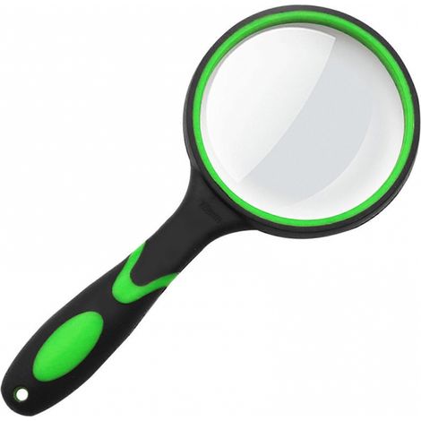 Loupe de poche 10x (verte et noire) avec trou de suspension, pour enfants et personnes âgées, en caoutchouc coloré. (1/5)