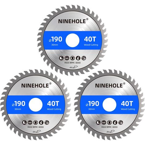 3pcs Lames de scie circulaire 190 x 30 mm (anneau 25mm 20mm Et 16mm), 40 dents Coupes propres, Disque à Tronçonner pour Bois, Sèche, Stratifié, Cloison, Contreplaqué, Plastique (1/5)