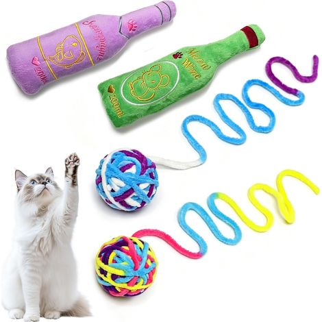 Lot de 2 jouets pour chat en forme de bouteille de bière avec papier froissé et herbe à chat + 2 balles en fil avec clochette, jouet interactif en peluche douce pour l'exercice de l'ennui (1/5)