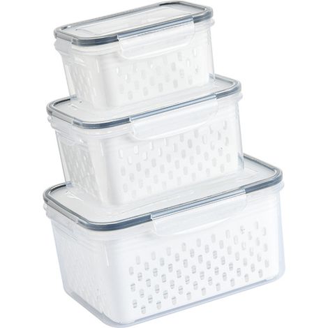 Lot de 3 paniers de rangement transparents et étanches avec passoire amovible pour réfrigérateur (1/5)