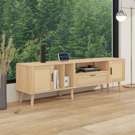 Meuble TV 180 cm avec décor rotin, 2 portes et 1 tiroir, pieds en bois massif, support pour télévision jusqu'à 80 pouces, meuble de rangement pour salon (1/5)