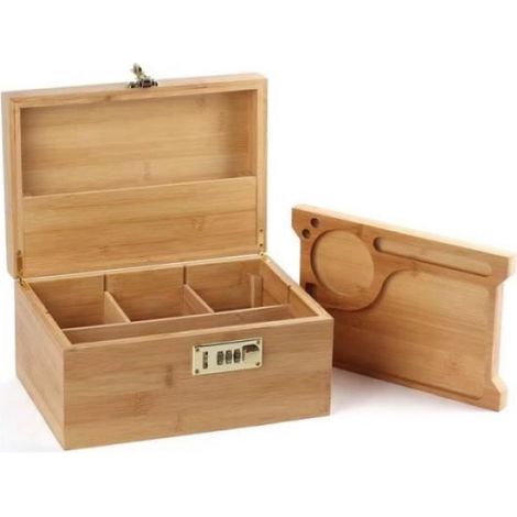 Boîte de rangement - AMOUNE - Bois massif - Serrure à combinaison - Plateau mobile - Marron (1/4)