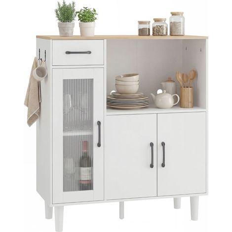 Buffet Cuisine, Rangement, Tiroir, 3 Portes, Porte Acrylique Cannelée, Étagère Ouverte, Blanc, Chêne (1/5)