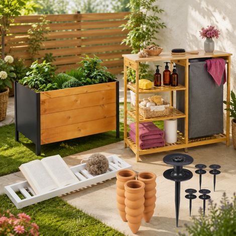 Set básico para jardinería al aire libre (4 piezas): mesa para macetas, guías para mangueras y conos de riego (1/5)