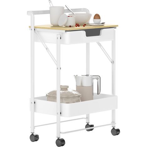 Chariot utilitaire à roulettes à 2 niveaux avec tiroir, plateau et panier métallique pour chambre, salle de bain, cuisine, blanc (1/5)