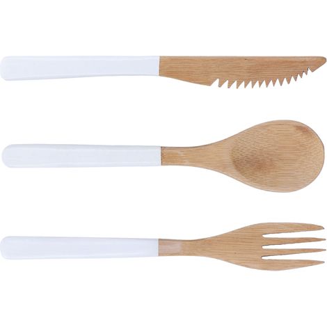 Ensemble de couverts japonais en bois (3 pièces), sans BPA, comprenant cuillères, fourchettes et couteaux, blancs. (1/5)