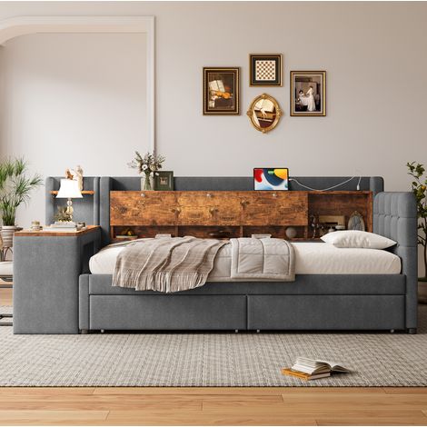DESVIAE Lit de jour 90 x 200 cm avec bureau réversible 2 tiroirs rangement rabattable USB Type C gris en tissu et MDF (1/5)
