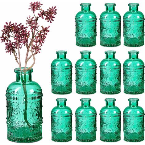 Juego de 12 jarrones pequeños de cristal con diseño decorativo en relieve