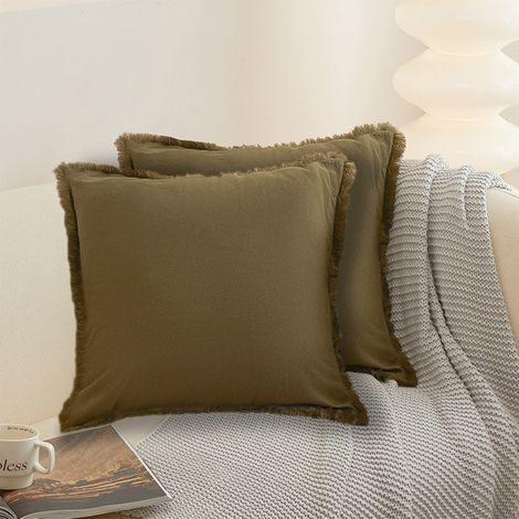 Housse De Coussin - Lin - Franges - Vert - 45x45 cm - Pour Canapé Chambre Salon - Lot De 2 (1/5)