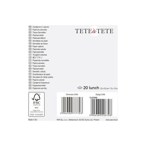 Eco Stars Servietten, Tête-à-Tête Servietten, 3-lagig, 33 x 33 cm, 1/4 gefaltet, 20 Stück pro Packung