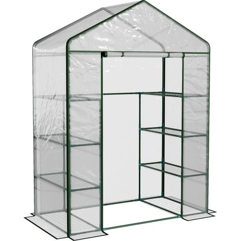 Walk in Greenhouse with 4-Tier 8 Shelves, Green House with Hemmed Cover, Roll-up Zipped Door, Steel Frame, 143 x 73 x 195cm