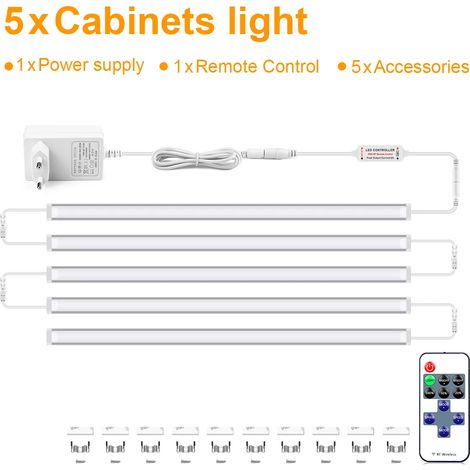 (5 bandes, lumière blanche, 40 cm) Éclairage LED dimmable pour meubles avec télécommande, bandeaux lumineux en aluminium (1/4)