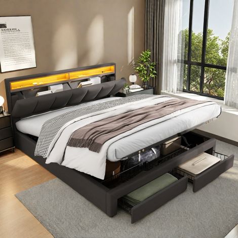 Lit coffre 160 x 200 cm, lit 160x200 avec sommier, lit adulte avec 2 tiroirs et LED, cadre de lit, avec tete de lit, Gris, lin