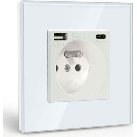 Prise Murale avec USB et 1 Type C,Blanc courant alternatif avec Panneau en verre cristal,Multiprise Murale avec USB(max2.1A),convient à la smartphone,à la tablette NPTERBL (1/5)