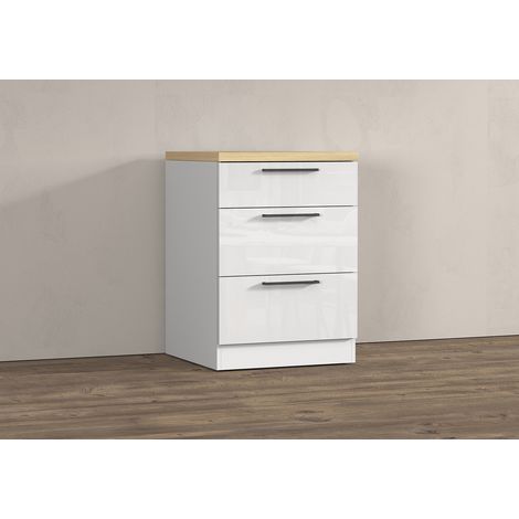 Meuble bas 3 tiroirs de cuisine moderne blanc brillant/chêne Louna (1/5)