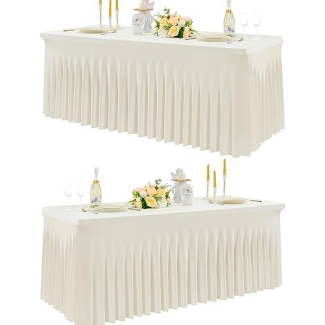 Lot de 2 nappes, extensibles, polyester élasthanne, avec jupe ondulée, pour table rectangulaire 180 cm, mariage fête (1/5)