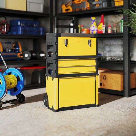 Juego de 3 cajas de herramientas modulares y apilables de acero con ruedas, bandeja, asas y cerradura, color amarillo.