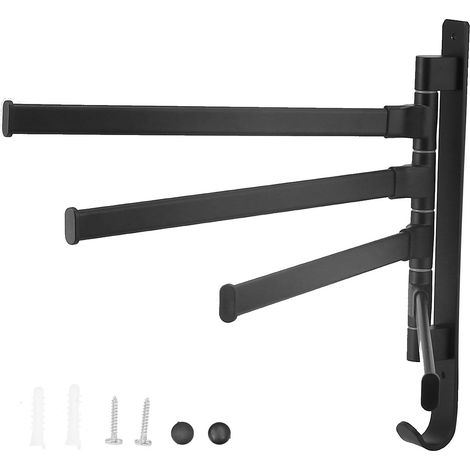 Porte-serviettes rotatif à 4 barres en aluminium spatial, pliable et rotatif, finition noir mat, pour salles de bains, cuisines et hôtels. (1/5)