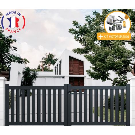 Portail aluminium battant ajouré en kit + Motorisation dimensions L.3000 (entre piliers) X H.1200 mm LOCKYVIA (à bras) Couleurs Gris (RAL 7016)