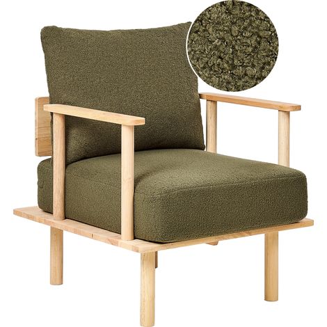 Sillón estilo minimalista estructura de madera clara tapizado en bouclé verde oscuro Asker