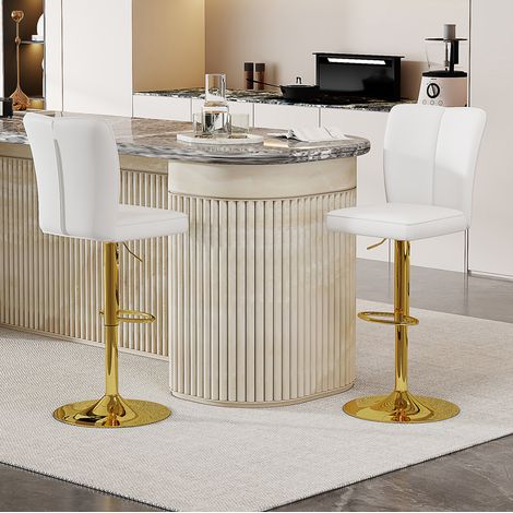 Tabouret de bar lot de 2 réglable en hauteur, pivotant à 360°, en PU blanc et métal doré HAVRYA (1/5)