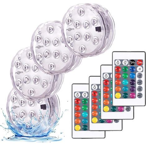 Dekorative, farbenfrohe Landschaftsbeleuchtung, wasserdichte LED-Beleuchtung, 4er-Set RGB-Mehrfarben-Unterwasserlampen mit Fernbedienung, ideal für Aquarium, Badewanne, Schwimmbad, Garten und Wasserum (1/5)