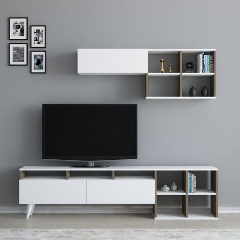 Conjunto mueble TV KUZEY 180 cm blanco y nogal (1/4)