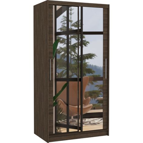 Petite armoire de chambre marron 2 portes coulissantes avec miroir Niko 100cm (1/5)