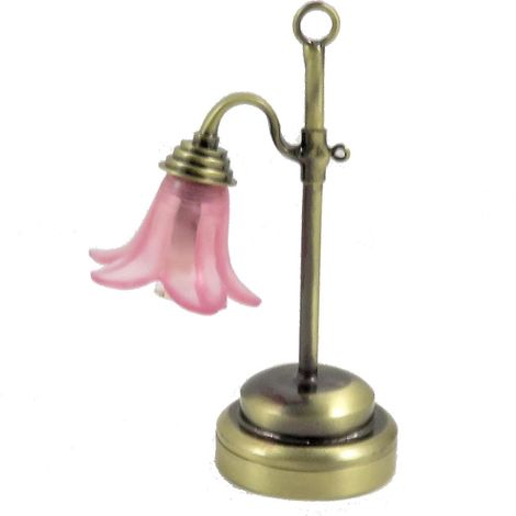 Lampe de bureau antique dorée pour maison de poupée avec abat-jour rose canneberge et éclairage LED à piles ( )