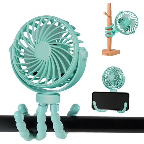 Ventilatore portatile per passeggino, ventilatore ricaricabile tramite USB, mini ventilatore con treppiede flessibile, girevole a 360°, 3 impostazioni di velocità per viaggi, seduta, camera da letto (