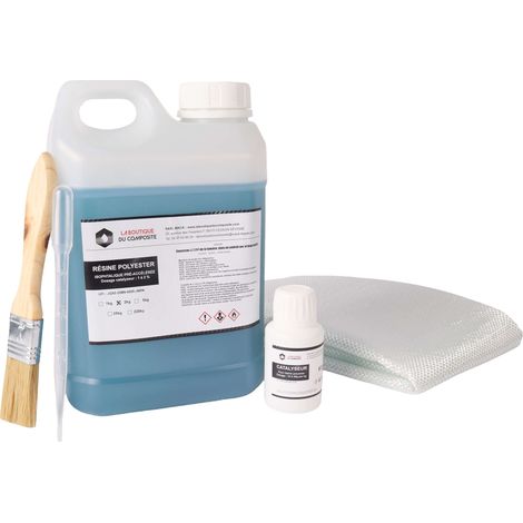 Kit résine polyester 2 kg avec catalyseur et roving 2 m² 300 g/m² pour réparation et stratification