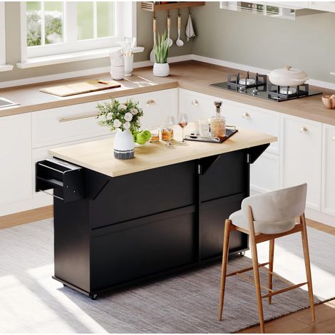 Îlot de cuisine 137x70x89.5 cm naturel et noir en MDF avec plateau rabattable, rangements et roulettes (1/5)