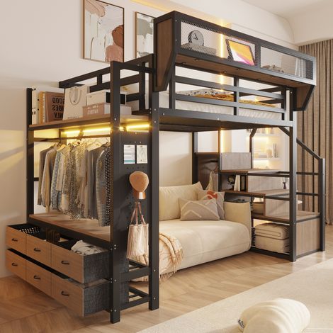 Lit mezzanine adulte dimensions 283 x 145 x 191 cm avec tiroirs, armoire intégrée, échelle, LED, sans matelas, charge 150 kg, en métal, Noir (1/5)