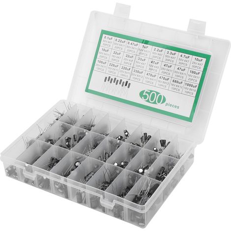 Kit de 500 condensateurs électrolytiques, assortiment de 24 valeurs : 0,1 µF à 1 000 µF, 10 V, 16 V, 25 V et 50 V. (1/5)