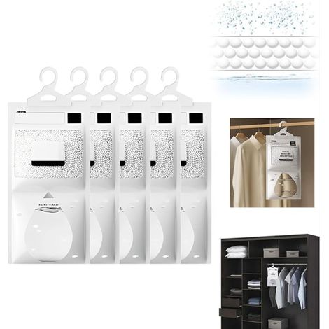 Absorbeur D'humidité Placard, Sachets Anti Humidite, Déshumidificateurs d'armoire, Sacs Anti-Humidité, Sac De Déshumidification Suspendu, pour Armoire, Cuisine, Chambre, Salle de Bain (1/5)